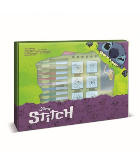 Coffret de tampons - MULTIPRINT - 4134 - Stitch - 7 tampons bois et latex, 12 feutres Giotto, regle, album coloriage