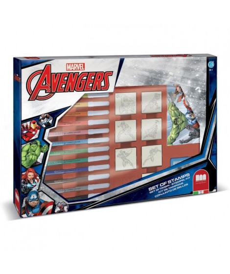 Coffret de tampons - MULTIPRINT - 4873 - Avengers - 7 tampons bois et latex, 12 feutres Giotto, regle, album coloriage