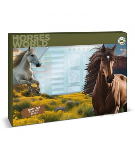 Coffret de tampons - MULTIPRINT - 4895 - Les Chevaux - 7 tampons bois et latex, 12 feutres Giotto, regle, album coloriage
