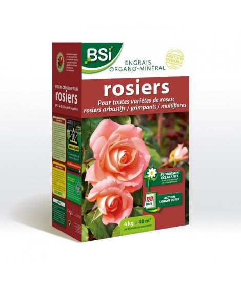 BSI - Engrais Bio Rosiers - Pour Toutes les Sorte de Roses - Floraison Éclatante - Action Longue Durée - 4kg - Jusqu'a 40 m²