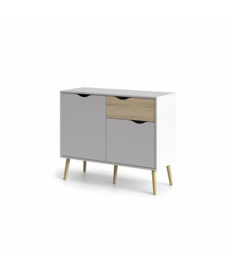 Commode 2 portes, 1 tiroir - Blanc / Chene - Pietement évasé en bois massif - 98,7 x 39,1 x 81,7 cm