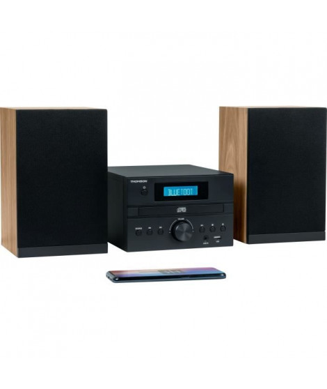 Micro-chaîne Bluetooth - THOMSON - Bois/Noir - Radio FM/CD/MP3/USB, 20W RMS, Tuner FM RDS, Prise casque, Télécommande, Alim. …