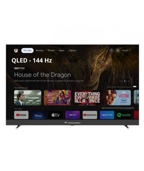 TV LED - CONTINENTAL EDISON - CELEDGAM55QV24B6 - 55'' (139 cm) - QLED UHD 4K 3840x2160 - SMART GOOGLE - 4xHDMI - 3xUSB