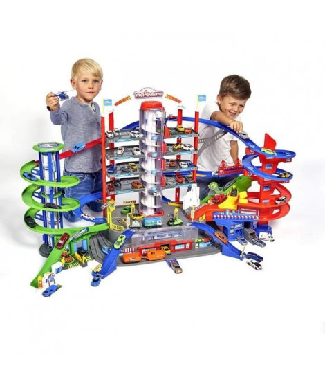 Garage Super City Majorette avec 5 véhicule et 1 train - 7 niveaux - 128 x 78cm