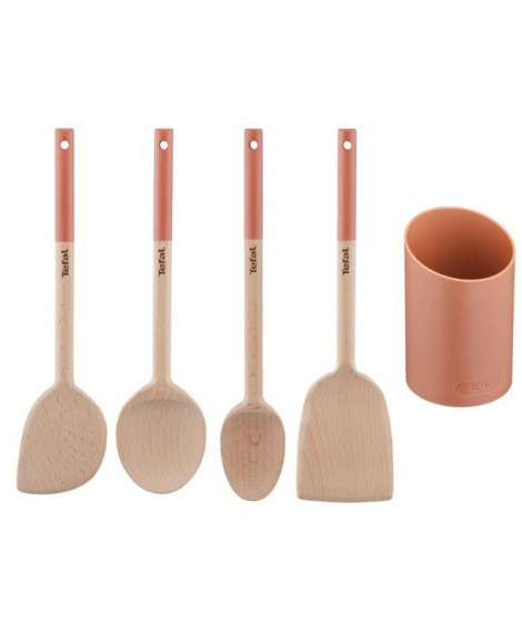 TEFAL Natura 5 ustensiles de cuisine en bois, Grande cuillere, Spatule biseautée, Maryse, Petite cuillere, Porte-ustensiles K…