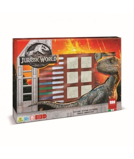 Coffret de tampons - MULTIPRINT - 4975 - Jurassic World - 7 tampons bois et latex, 12 feutres Giotto, regle, album coloriage