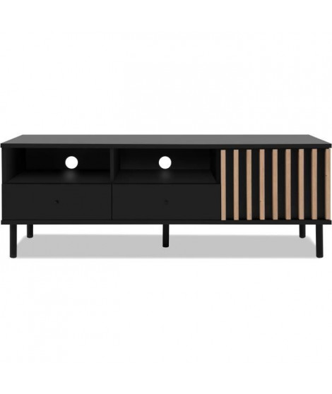 Meuble TV - MONZA - Noir / Chene artisan - 2 tiroirs, 2 niches ouvertes, 1 porte - 138 x 49 x 40 cm