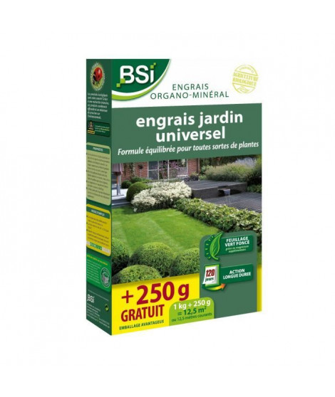 Engrais Bio universel - BSI - Végétaux multiples - Gazon, potager, fleurs - Action longue durée - 1Kg  + 250g gratuit - 12,5 m²