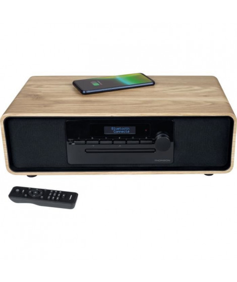 Micro-chaîne Bluetooth - THOMSON - Bois/Noir - Radio FM/DAB+/CD/MP3/USB/Induction, 75W, Affichage LCD, Télécommande, Alim. 230V