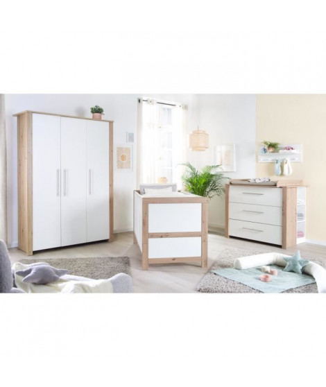 Chambre Bébé Complete ROBA - Malo - Lit Évolutif 70x140 cm + Commode a Langer + Armoire 3 Portes - Blanc - Décor Chene