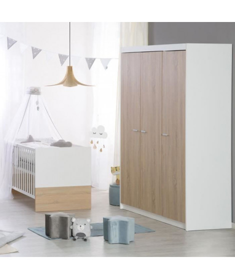 Chambre bébé complete - Lit évolutif 70 X 140 cm + Commode a langer + Armoire 3 portes - ROBA - Bicolore blanc / décor chene …