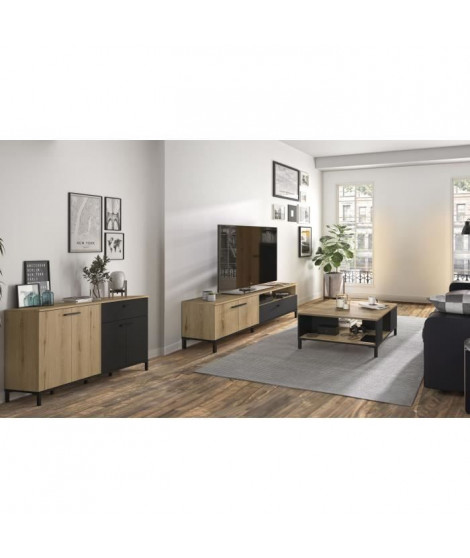 Ensemble meuble TV, table basse et buffet bas - TRUST - Chene / Noir - GAMI