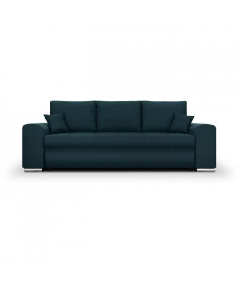 Canapé convertible avec coffre de rangement 3 places - INDIAN - Tissu bleu canard et pieds chrome - L250xH88xP98cm