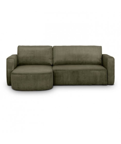 Canapé d'angle convertible et réversible - 3 places - GALET - Velours cotelé vert kaki - Coffre - 238 x 95 / 154 x 86 cm