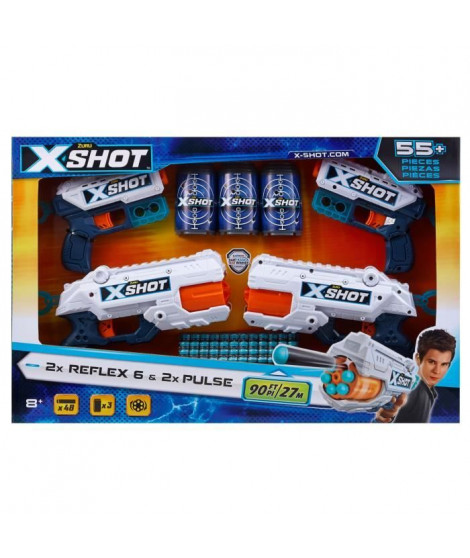 Pack Blasters - ZURU - Combo Pack 2 Kickback + 2 Reflex 6 - Blasters puissants avec tir a 27 metres et canon rotatif