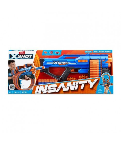 Blaster Rotatif - ZURU - XSHOT Insanity Mad Mega Barrel - Blaster avec barillet de 72 fléchettes et portée de 27 metres