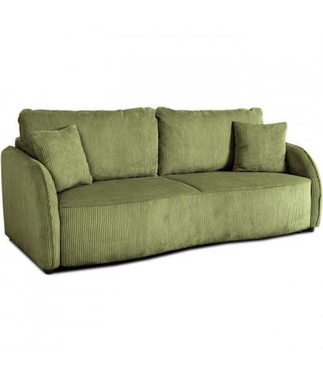 Canapé convertible 3 places - BARI - Velours cotelé - Kaki - Coffre de rangement - 215 x 89 x 100 cm