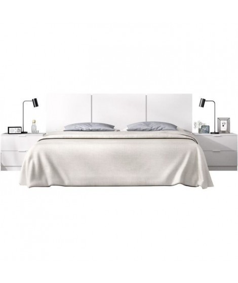 Ensemble tete de lit en 3 parties + 2 tables de nuit avec 2 tiroirs - HAVANA - Blanc - 256,8 x 34,2 x 96 cm