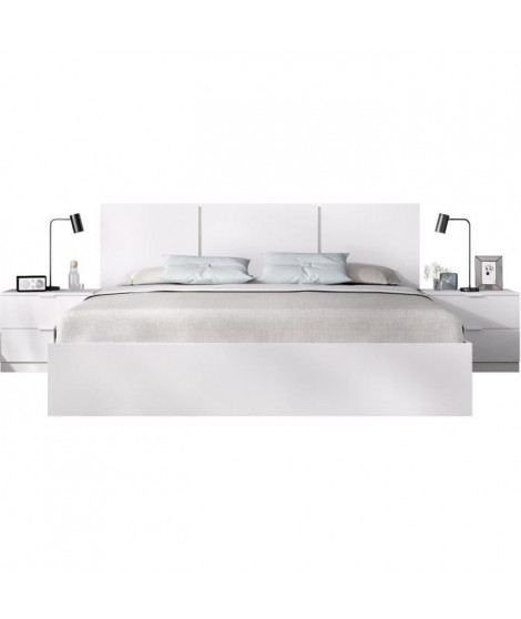 Ensemble structure de lit + tete de lit en 3 parties et 2 tables de nuit avec 2 tiroirs - HAVANA - 140 x 190 cm - Blanc