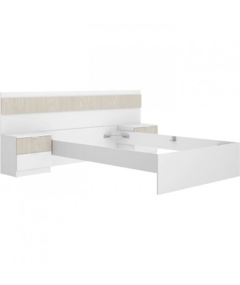Ensemble structure de lit + tete de lit et 2 tables de nuit avec 2 tiroirs - BIANCA - 140 x 190 cm - Blanc / Bois