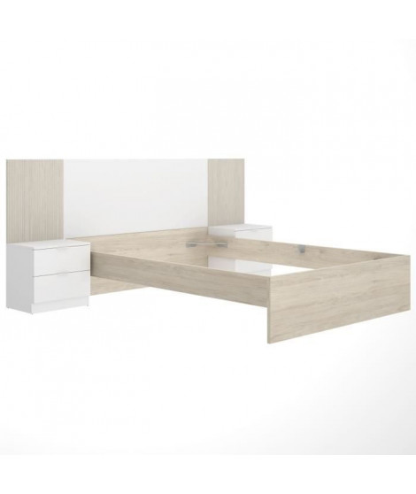Ensemble structure de lit + tete de lit et 2 tables de nuit avec 2 tiroirs - LOMA - 140 x 190 cm - Chene naturel / Blanc