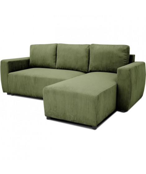 Canapé d'angle convertible réversible 3 / 4 places - PHARELL - Tissu velours côtelé Kaki - Coffre - 224 x 155 x 85 cm