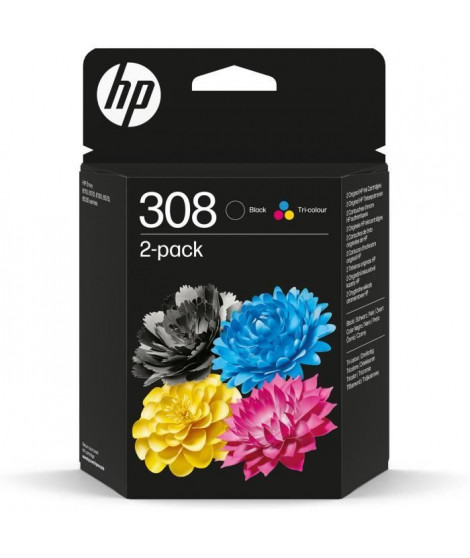 Pack de 2 cartouches d'encre HP 308 authentiques noire et tricolore (6L6S6UE) pour HP Envy 6110, 6120, 6130, 6520, 6530