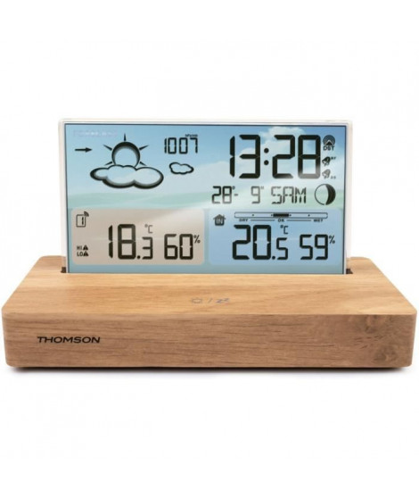 Réveil station météo - THOMSON - Bois clair - Affichage température, Hygrométrie, Double alarme, USB-C, Sonde sans fil