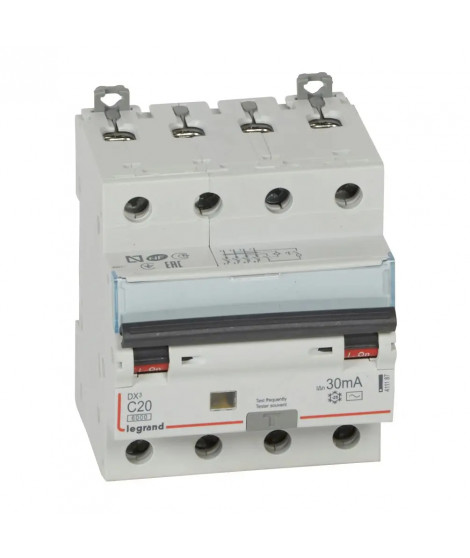 Disj. diff monobloc DX³6000 10kA arrivée haut/départ bas vis 4P 20A typeAC 30mA