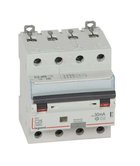 Disj. diff monobloc DX³6000 10kA arrivée haut/départ bas vis 4P 25A typeAC 30mA