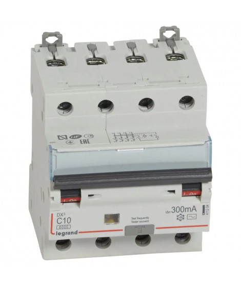 Disj diff monobloc DX³6000 10kA arrivée haut/départ bas vis 4P 10A typeAC 300mA