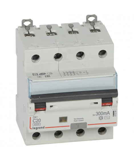 Disj diff monobloc DX³6000 10kA arrivée haut/départ bas vis 4P 20A typeAC 300mA