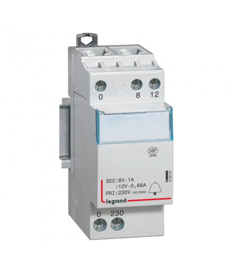 Transformateur pour sonnerie 230V vers 12V ou 8V - 8VA - 2 modules