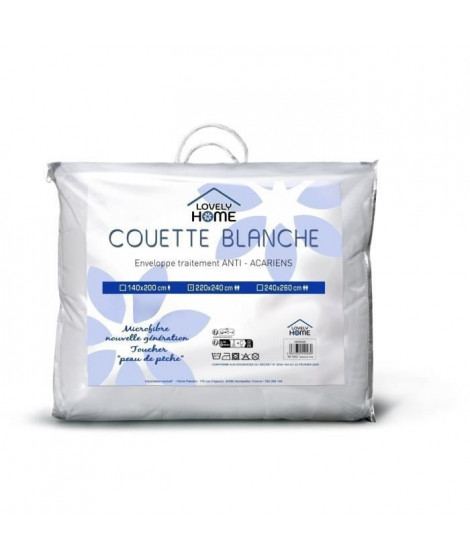 Couette 240 x 260 cm - LOVELY HOME - Chaude - 450 g/m² - Anti-acariens - 2 personnes - Blanc