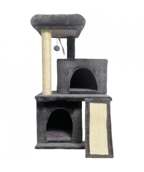 Arbre a chat - 44,5 x 48 x 86 cm - Gris foncé - 1 plateforme, 1 balle de jeu, 2 niches, 1 rampe