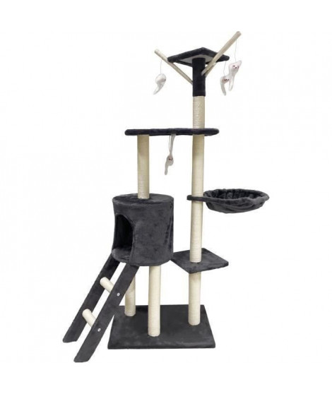 Arbre a chat - 79 x 34 x 138 cm - JIPSY - Gris foncé - 3 plateformes, 1 perchoir, 1 niche, 1 escalier, poteaux a griffer