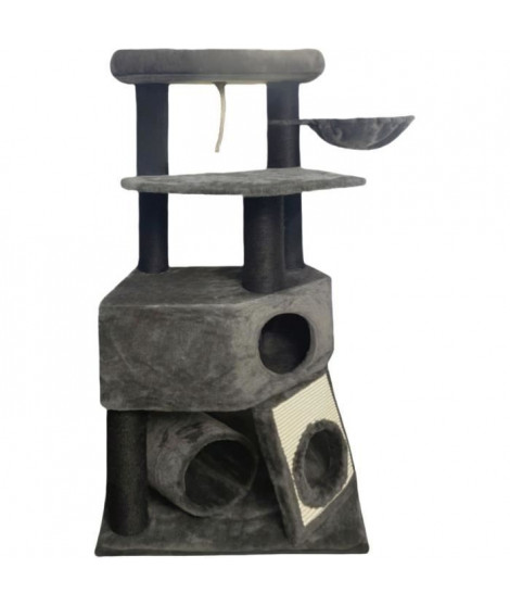 GUILY Arbre a chat gris foncé- 50 x 50 x 141 cm - Gris foncé - 2 plateformes, 1 perchoir, 1 cabane, 1 rampe, 1 tunnel