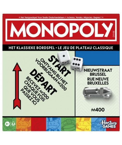 Monopoly classique, jeu de société de plateau, avec boîte de rangement et pions grand format, 2 a 6 joueurs, des 8 ans