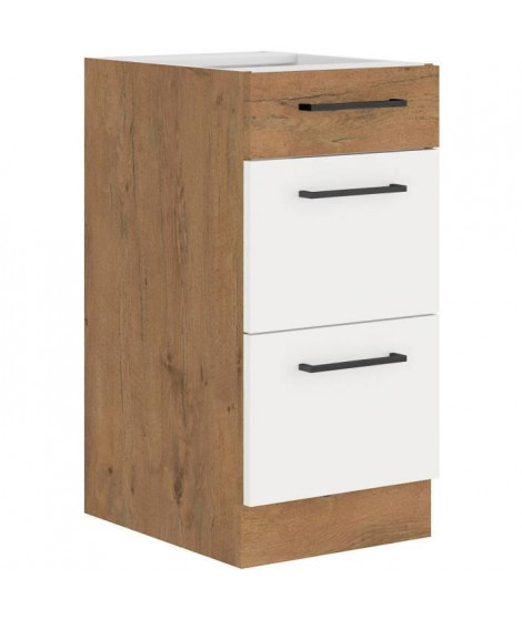 ROCK - Meuble bas casserolier - Mélaminé chene Lancelot et Blanc brillant - 40 cm - 3 tiroirs - Plan de travail non inclus