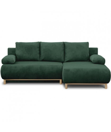 Canapé d'angle droite convertible - 3 places - MIKA - Tissu velours côtelé vert foncé - Coffre de rangement - 192 x 84 x 93 cm