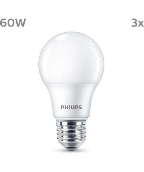 Ampoule LED - PHILIPS - 60 W - E27 - Blanc chaud - Dépolie - Non-Dimmable - 3 pieces