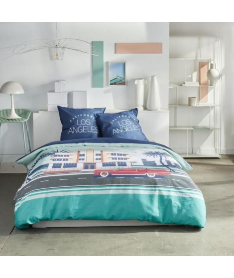 Parure de lit - TODAY - JAVA - 2 personnes - 240x220 cm - Coton - Imprimé Los Angeles - Bleu