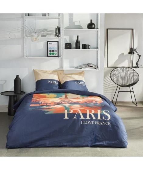Parure de lit - TODAY - JAVA - 2 personnes - 240x220 cm - Coton - Imprimé Paris - Bleu