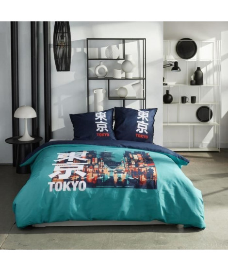 Parure de lit - TODAY - JAVA - 2 personnes - 240x220 cm - Coton - Imprimé Tokyo - Turquoise