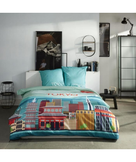 Parure de lit - TODAY - JAVA - 2 personnes - 240x220 cm - Coton - Imprimé Tokyo - Bleu