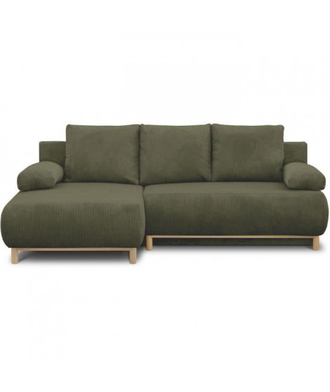 Canapé d'angle gauche convertible - 3 places - MIKA - Tissu velours côtelé vert kaki - Coffre de rangement - 192 x 84 x 93 cm