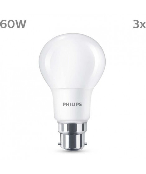 Ampoule LED - PHILIPS - 60 W - B22 - Blanc chaud - Dépolie - Non-Dimmable - 3 pieces
