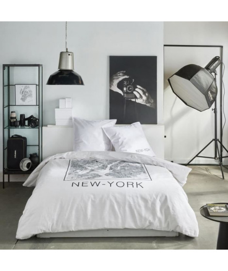 Parure de lit - TODAY - JAVA - 2 personnes - 240x220 cm - Coton - Imprimé New York - Blanc