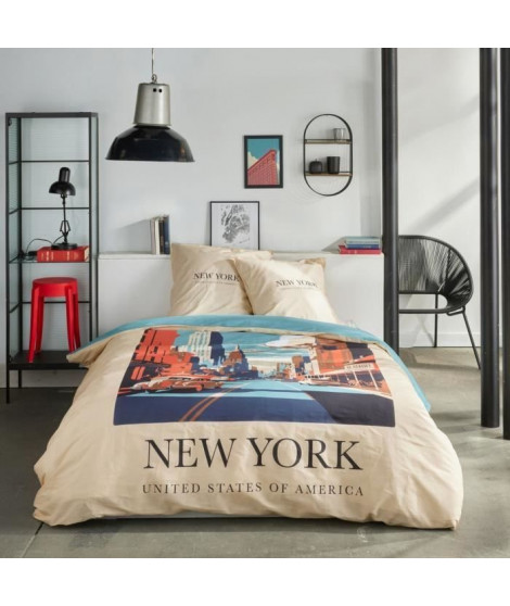 Parure de lit - TODAY - JAVA - 2 personnes - 240x220 cm - Coton - Imprimé New York - Beige