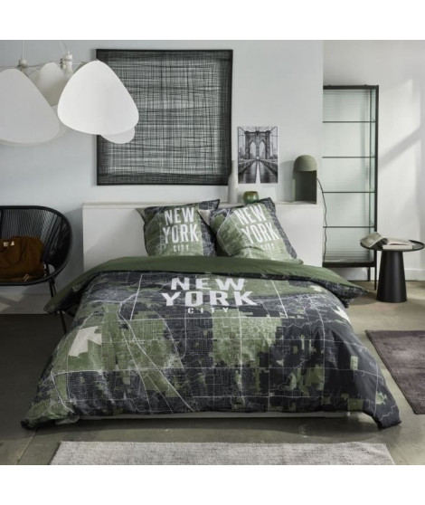 Parure de lit - TODAY - JAVA - 2 personnes - 240x220 cm - Coton - Imprimé New York - Vert